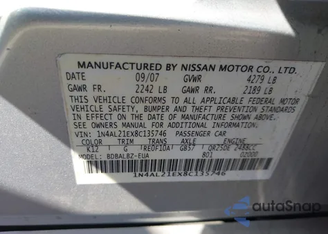 2008 Nissan Altima 2.5 S from USA, damaged, VIN 1N4AL21EX8C135746